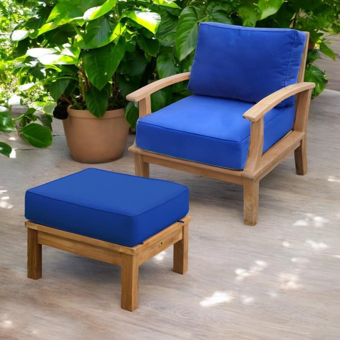 Navy Teak Outdoor Patio Ottoman with Cushion