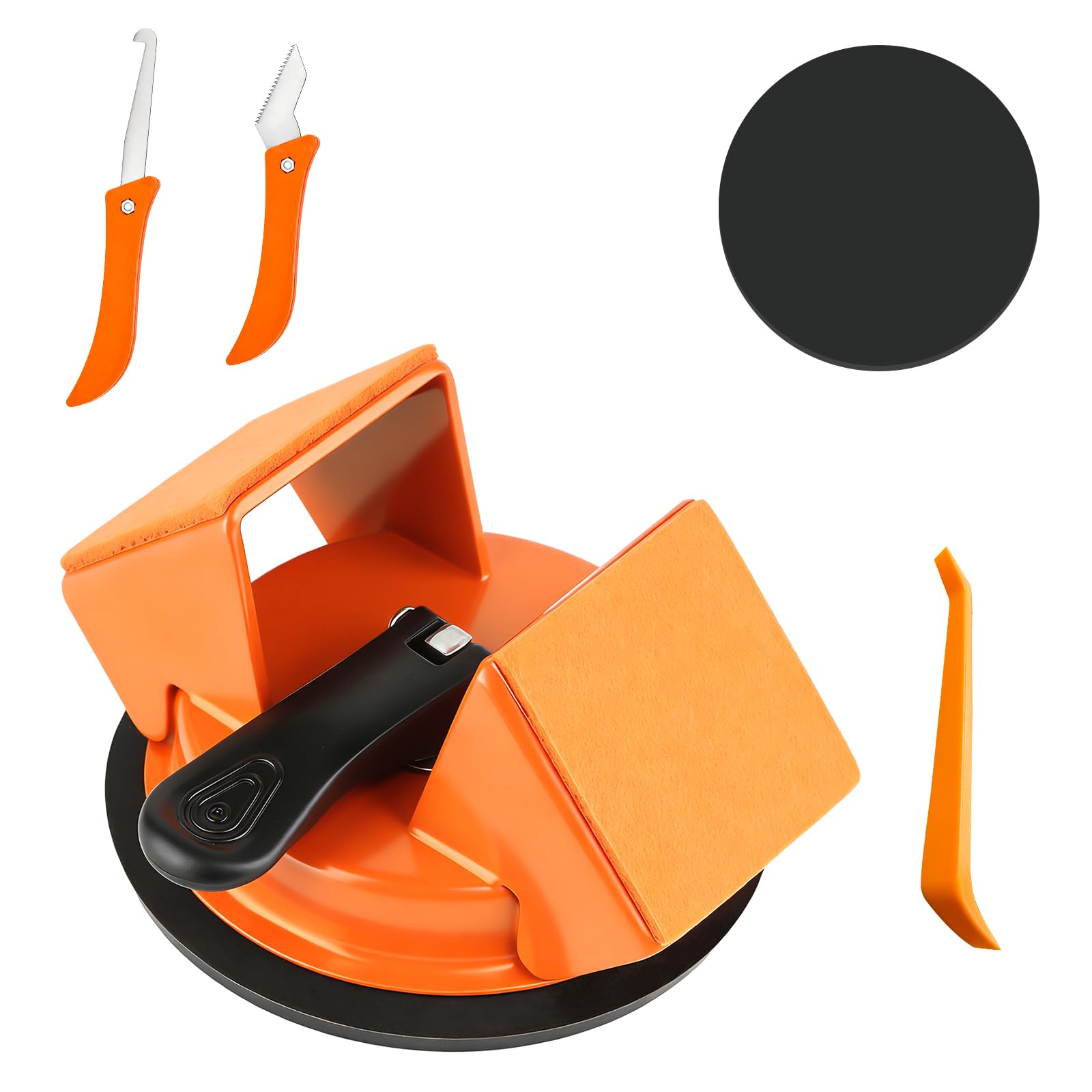 Floor Gap Fixer Tool -45° Two-Way Tapping Function, Heavy Duty Cast Iron with Reinforced Suction Cup, Includes 2 Crack Cleaning Tools & Reusable Rubber Pad (Orange)