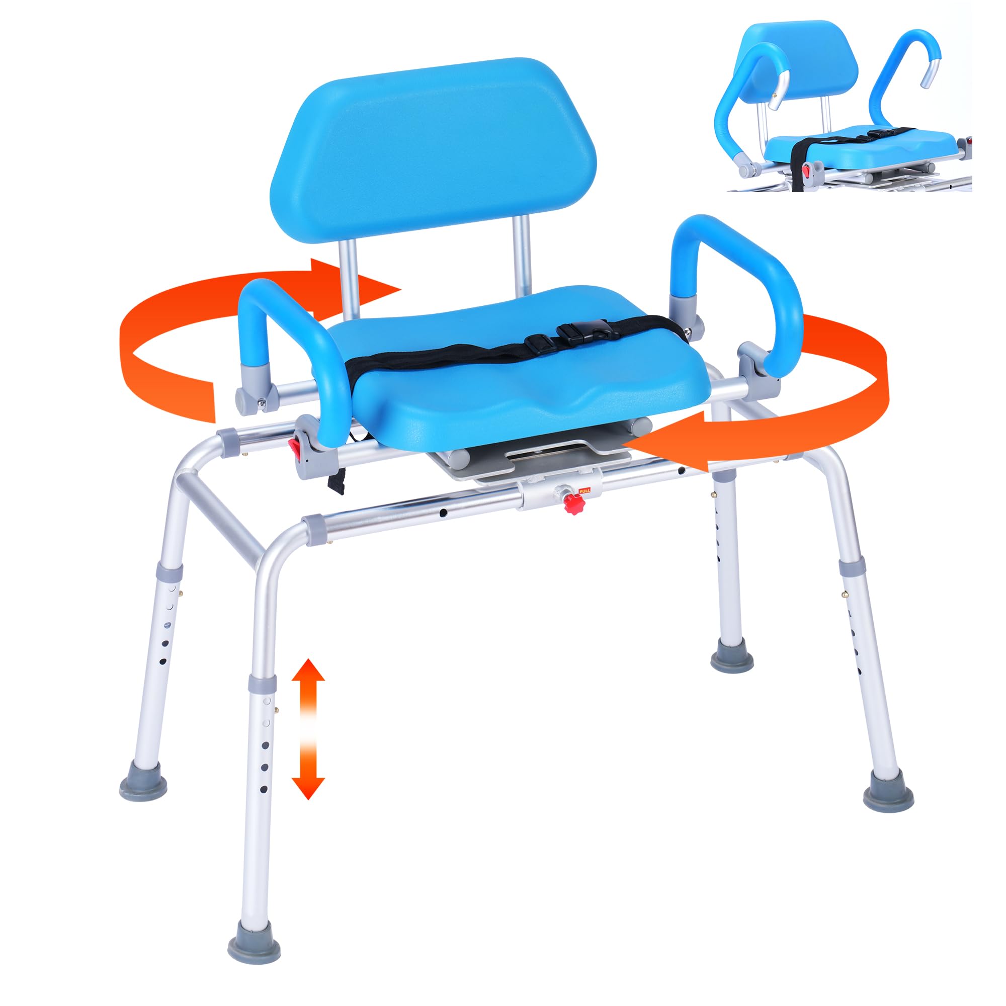 Sliding Shower Chair, Tub Transfer Bench with 360° Swivel Seat, Padded Seat and Pivoting Arms, Height Adjustable Bathtub Transfer Bench for Tubs, Bath Chairs for Adult Elderly Disabled Handicap, Blue