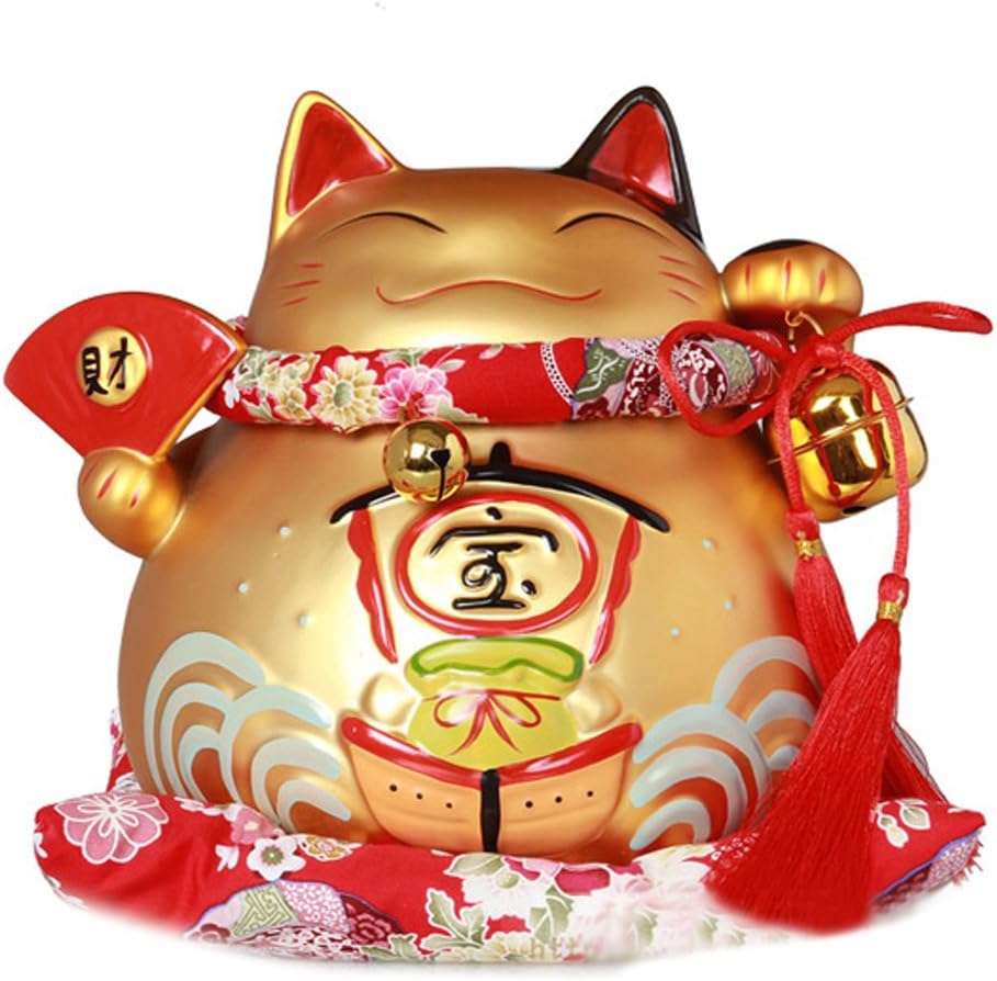 8" Large Golden Ceramic Maneki Neko Lucky Cat Coin Bank Style Wealth Fan