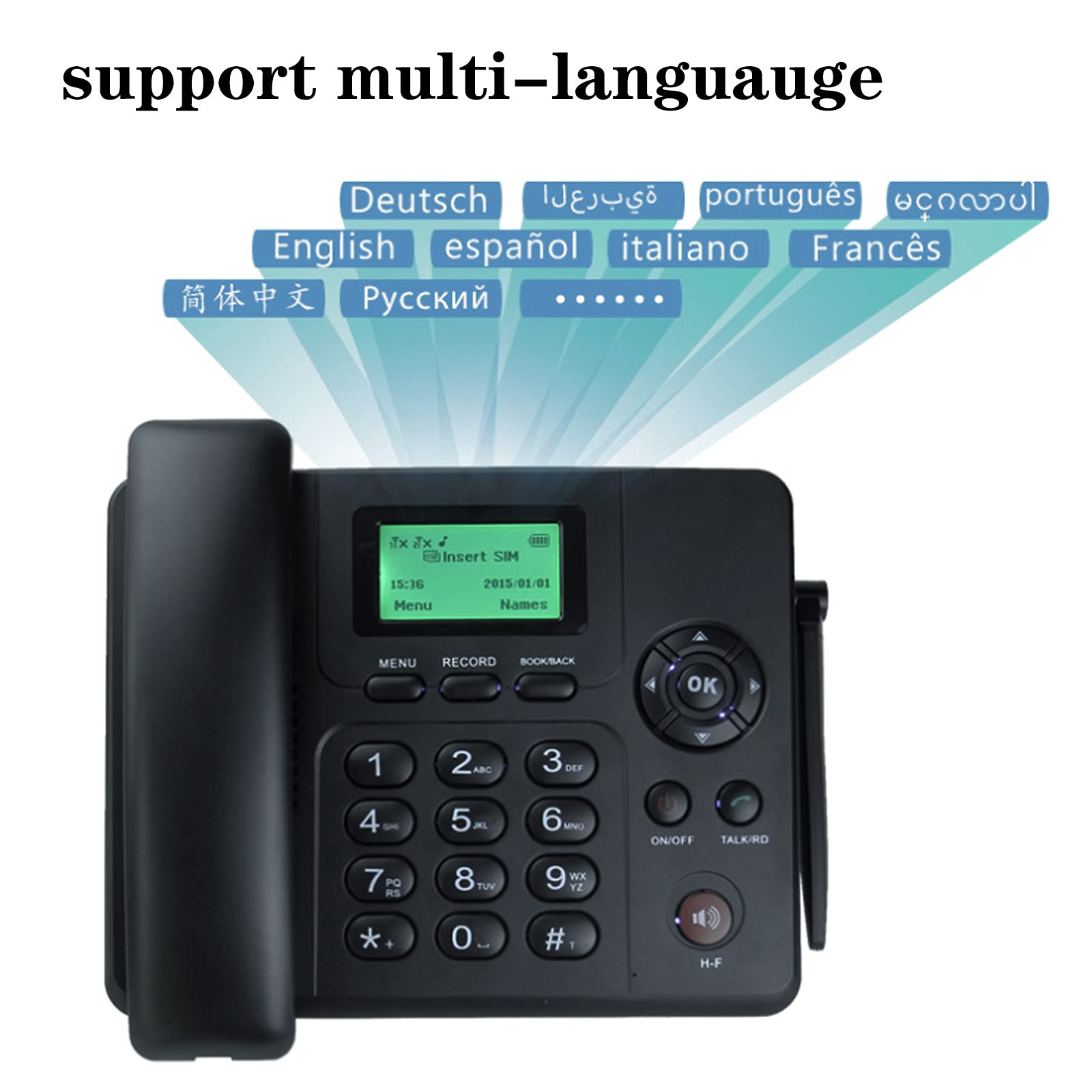 IBOWZ Telefono Fisso Telefono da scrivania Classico gsm Quadband,Vivavoce gsm Wireless Doppia SIM,Funzione Radio,Antenna Esterna,per Hotel Home Office,Telefono Fisso,Telefono Desktop Nero