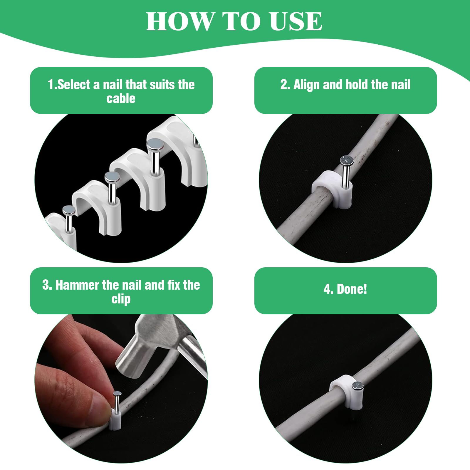 800Pcs 4mm 6mm 8mm 10mm J-Hook Ethernet Cable Nails Wire Clips with Steel Nails and 5/8" 3/4" 1/2" 1" Insulated U Staple Nail for Home Office Business — Amazon image 6