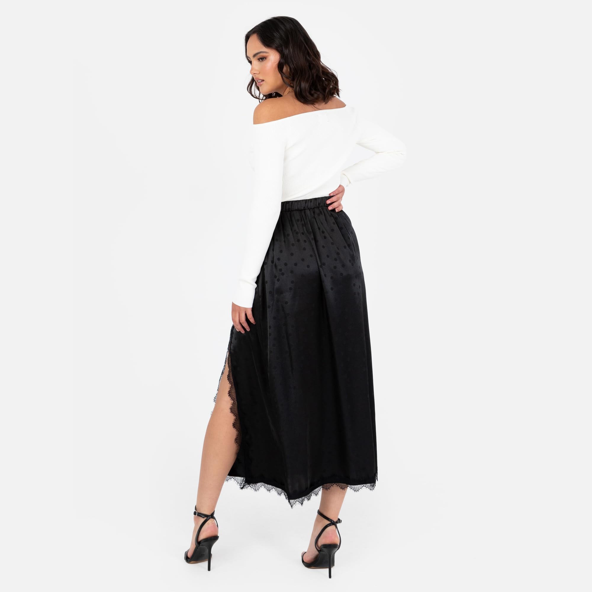 Lovedrobe Women's Midaxi Skirt Ladies Satin Lace Trim Split Hemline Polka DOT Spot Print A-Line Occasion Evening Party Cocktail Gonna Donna (Pacco da 1)