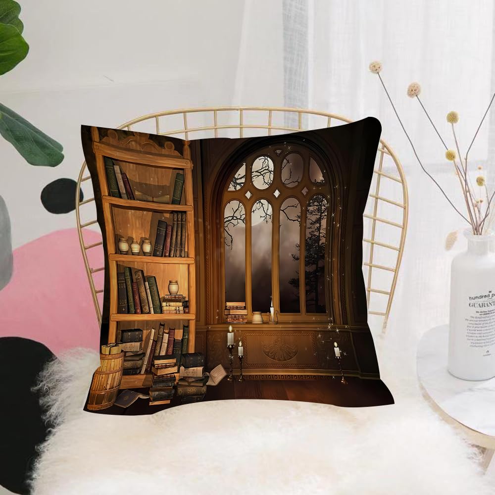 HYMSXW Cushion Cover,Throw Pillow Case Home Decorative for Living Room Bedroom Sofa Chair 20X20 Inch,Wizard's library with books and candles,Pillowcase 50X50cm
