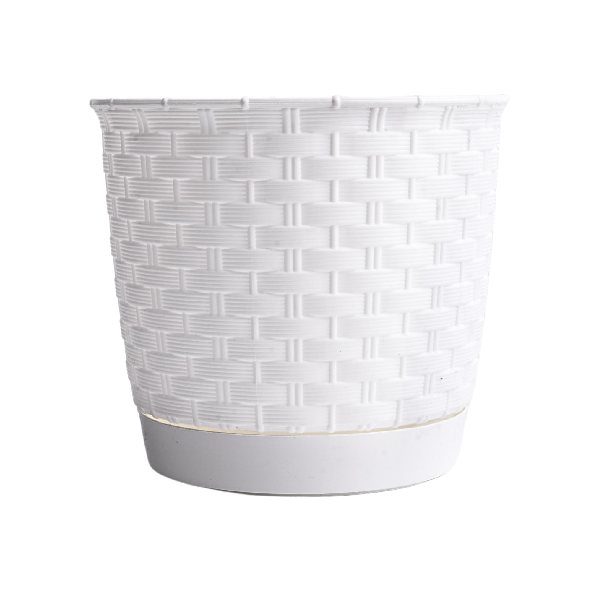 B2C Plant Pot Flowerpot Wave Rattan Look Round Plastic Crystal Modern Decorative Small Medium Large Textured With Matching Saucer (White, 2.8L)