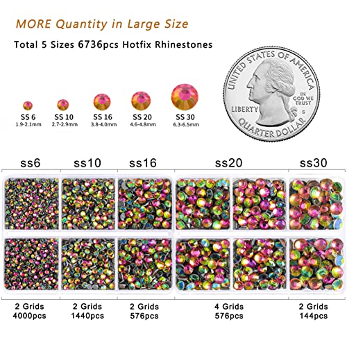 Image of 6736pcs Hotfix Rhinestones Flatback,Glass Rhinestones for Crafts Clothes Mixed 5 Sizes, Hotfix Crystals with Tweezers and Wax Pencil Kit, SS6-SS30,Rainbow
