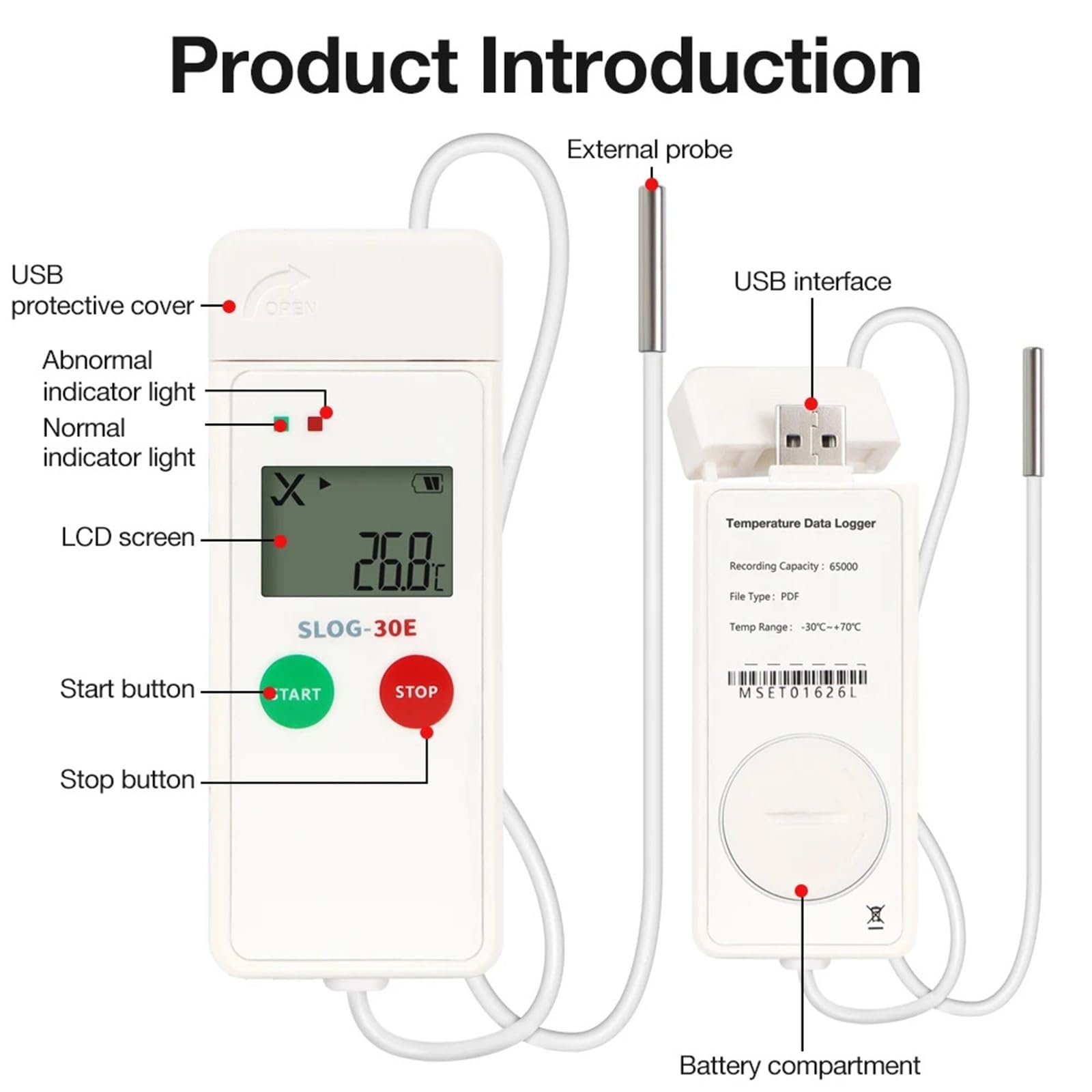 datenlogger Temperaturdatenlogger -30 °C bis 70 °C, 65.000 Messpunkte, mit NTC-Sensor for die Kühlkette(SLOG-30E)