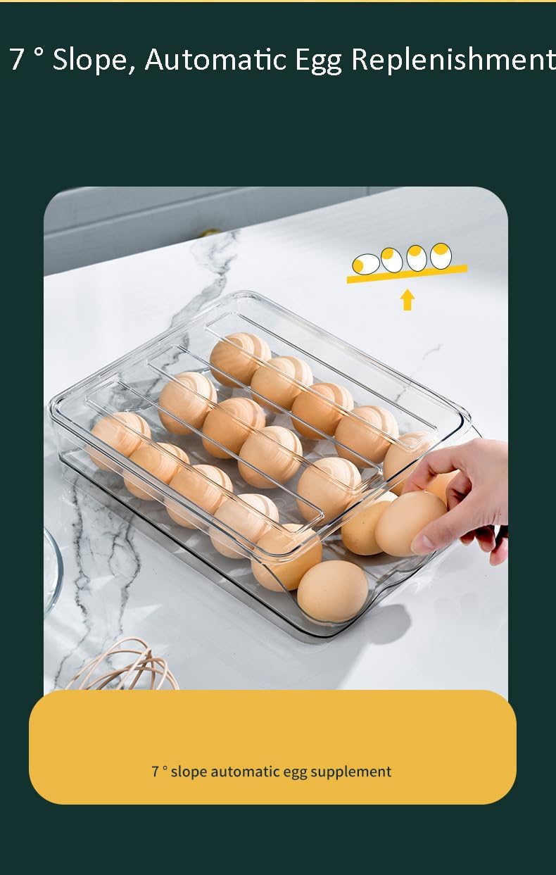 One Layer Egg Holder for Fridge Automatic Rolling Egg Container with Lid for Refrigerator Clear Stackable Eggs Holder Large Capacity 18 Count Eggs Organizer Clear Plastic Dispenser for Home 02