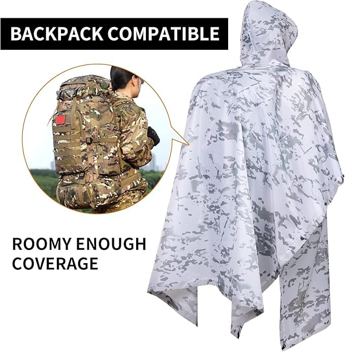Fousam Rain Poncho, Military Tactical Poncho Camo Multi Use Waterproof Rain Coat, MC Snow 41"x55", M-L - Image 2
