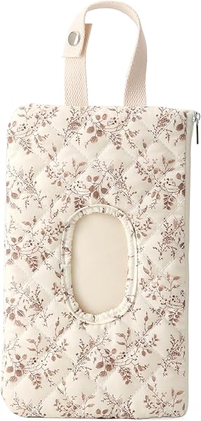 Feuchttücher Box, Praktische Feuchttücher Tasche, Tragbarer Feuchttuchspender für Auto & Baby, Weiche Stepptasche mit Tragegriff für Unterwegs (beige mit blumenmuster) - 1
