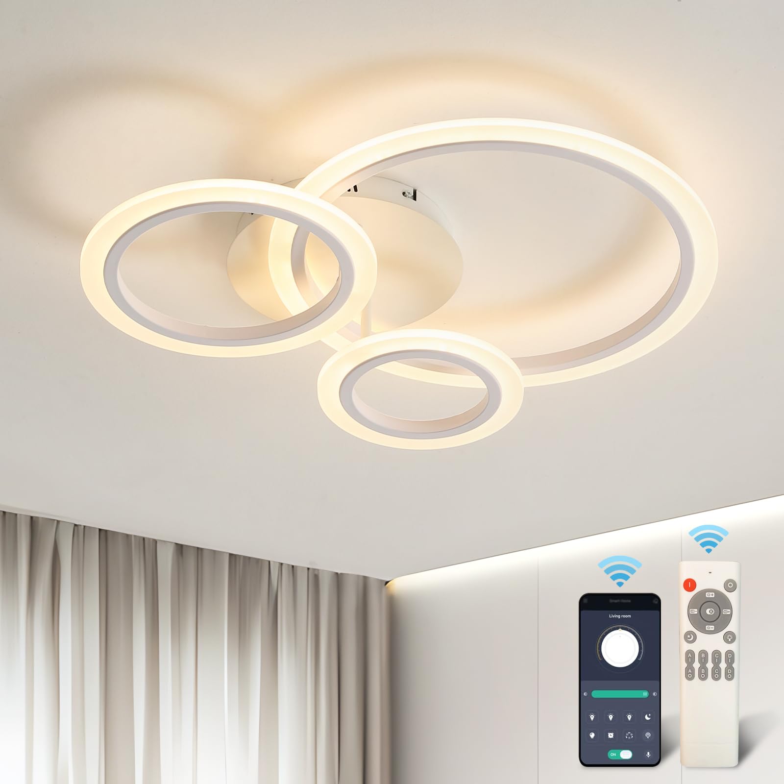 Plafonnier LED moderne blanc intensité variable 3000K-6000K lustre chic