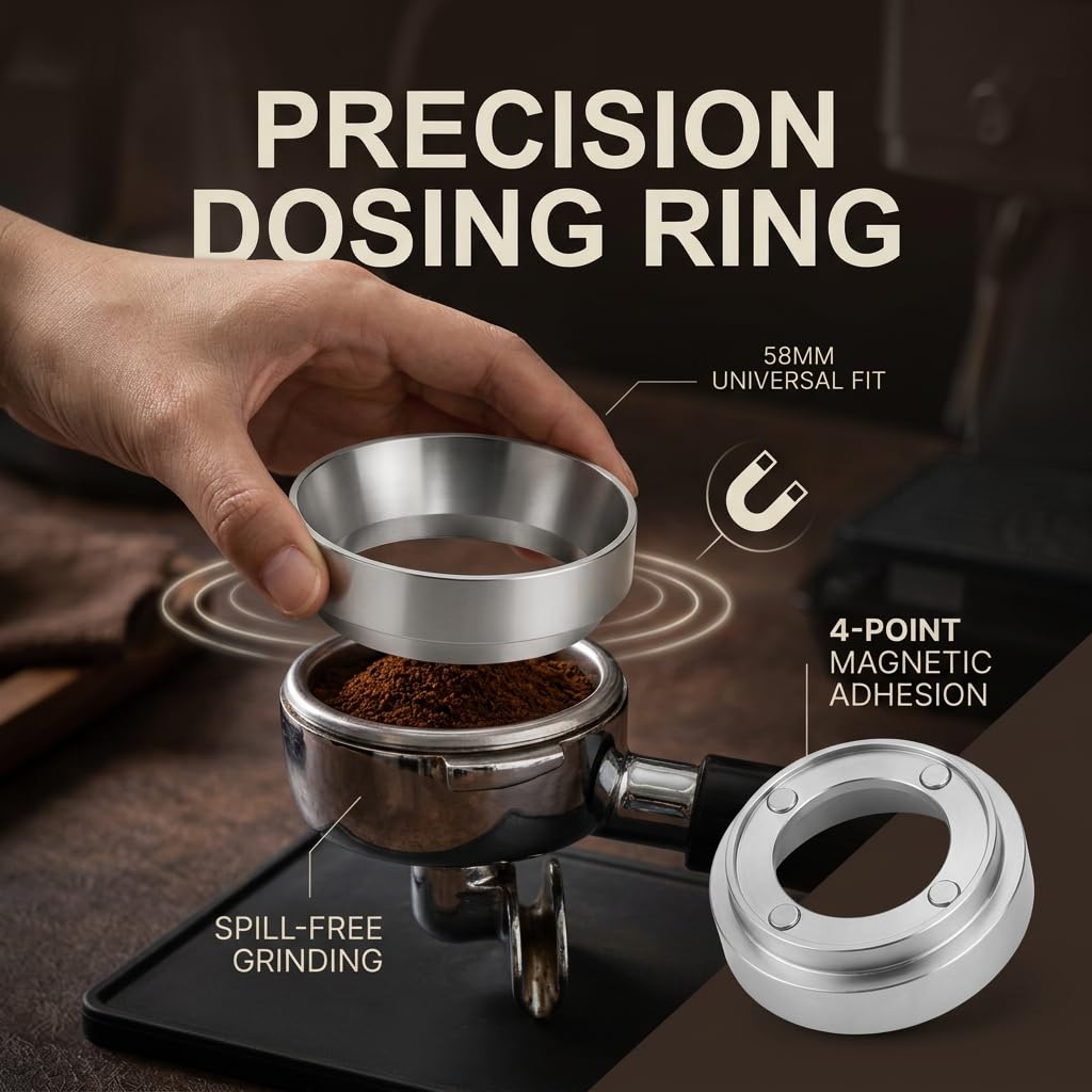 Anillo Dosificador Café 58mm Magnético Embudo Dosificador de Aleación de Aluminio Compatible con Portafiltro 58mm Espresso para Cafetera Espresso, Antisalpicaduras, Fácil de Usar y Limpiar