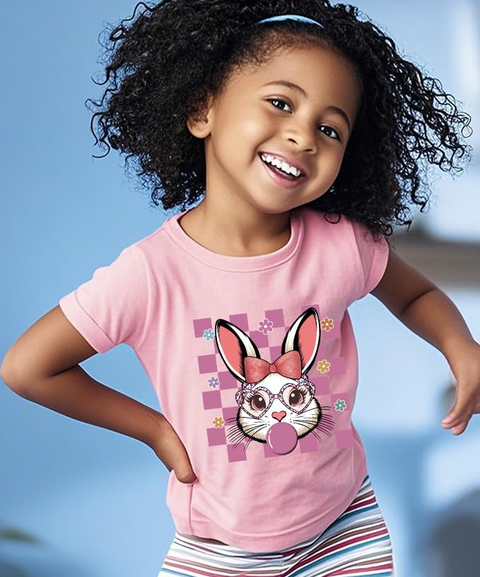 Image of CM-Kid Toddlers Happy Easter Shirts Girls Cotton Short Sleeve T-Shirt Children's Eggs Hunt Tees Kids Tees Pink Clothes 1-7 T