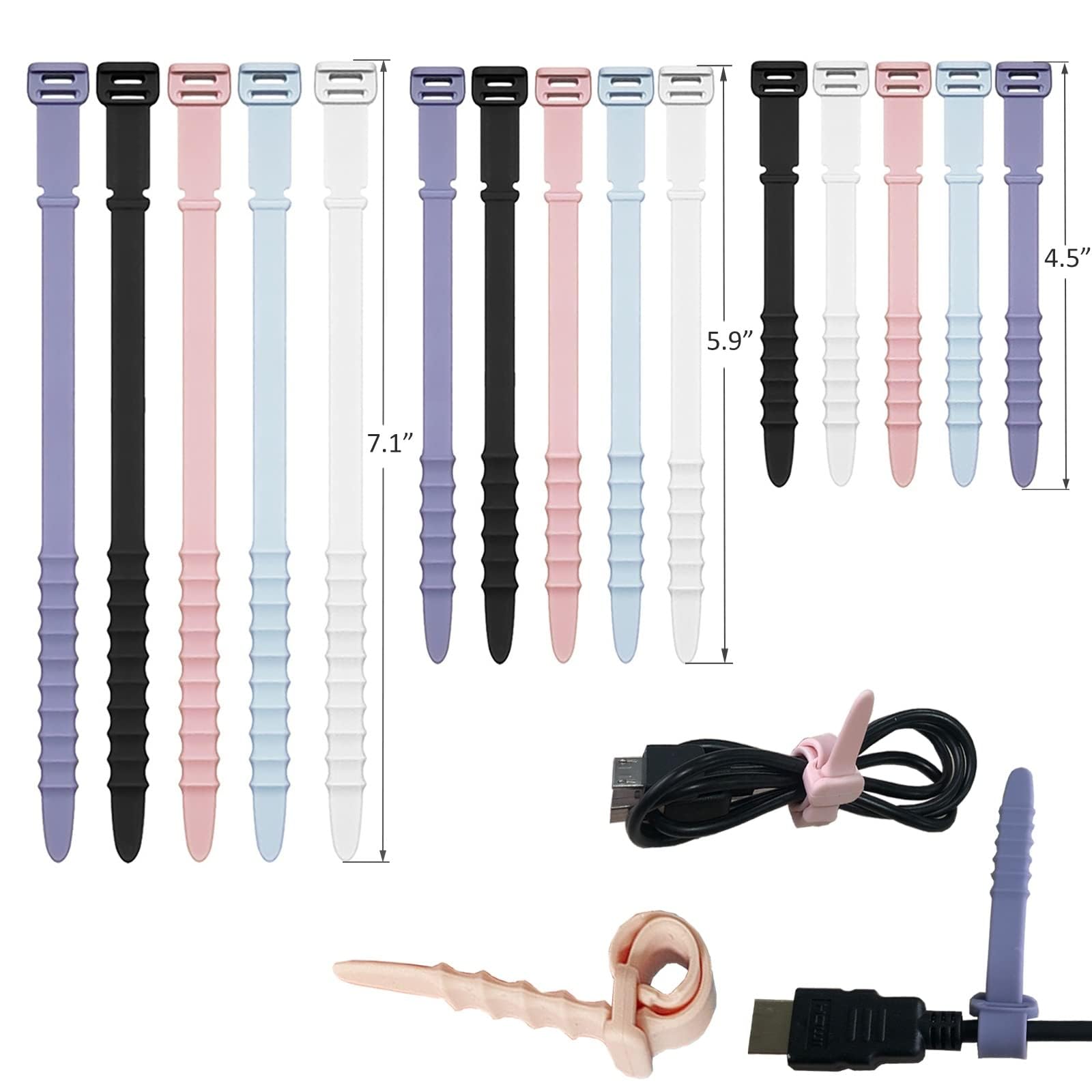 Topavatop 15Pcs 3 Sizes Silicone Cable Straps, Long 7.1" Reusable Zip Ties, Silicone Rubber Cable Ties Straps for Wire Organizer, Elastic Cord Ties Cable Organizer for Home Office