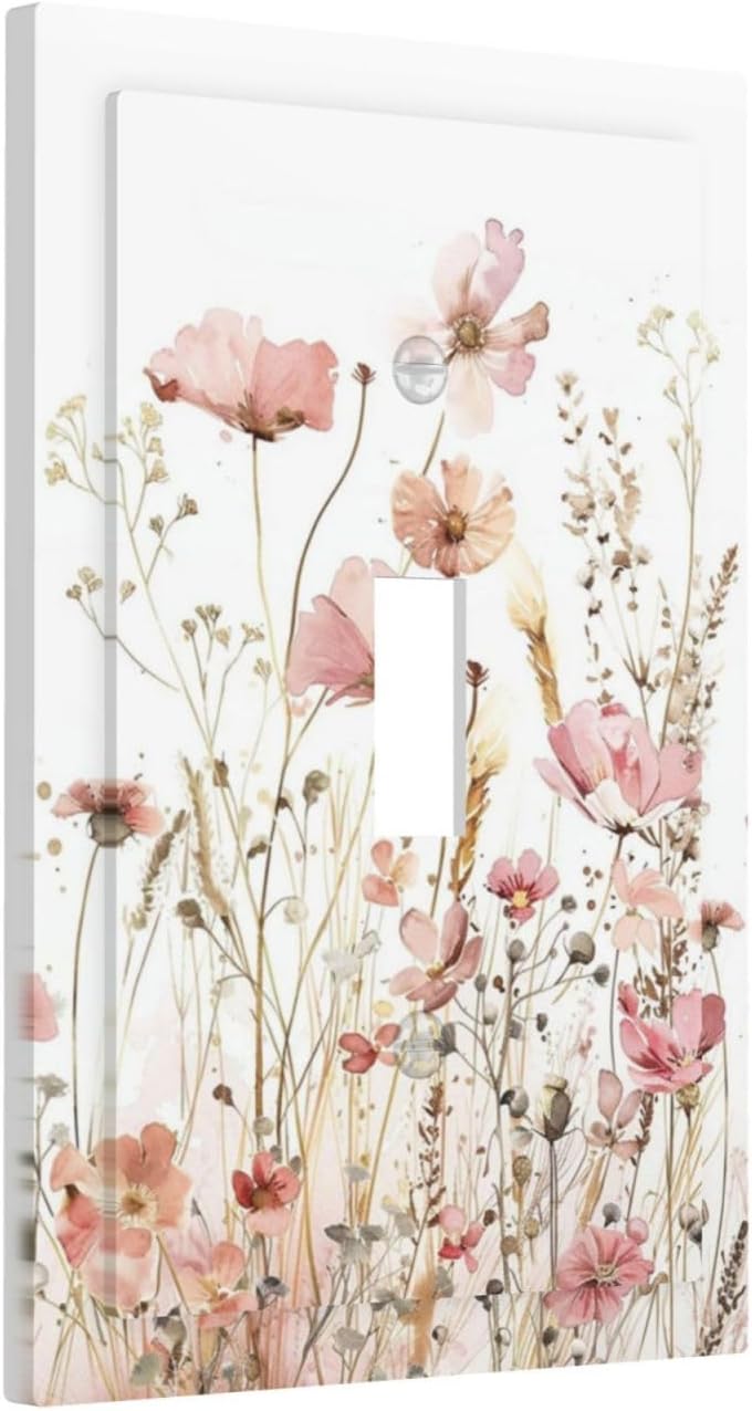 Boho Floral Watercolor Pink Wildflower Butterfly Decorative Light Switch Cover 1 Gang Single Toggle Device Electrical Faceplate Switchplates Decorator Outlet Wall Plate for Bedroom Living Room Decor image 2