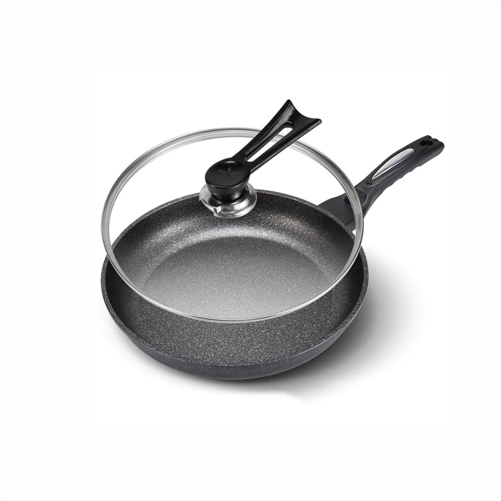 Black Frying Pan-Flat Non-Stick Noodle Steak Small Frying Pan Small Wok Induction Cooker 28Cm with Handle and Glass