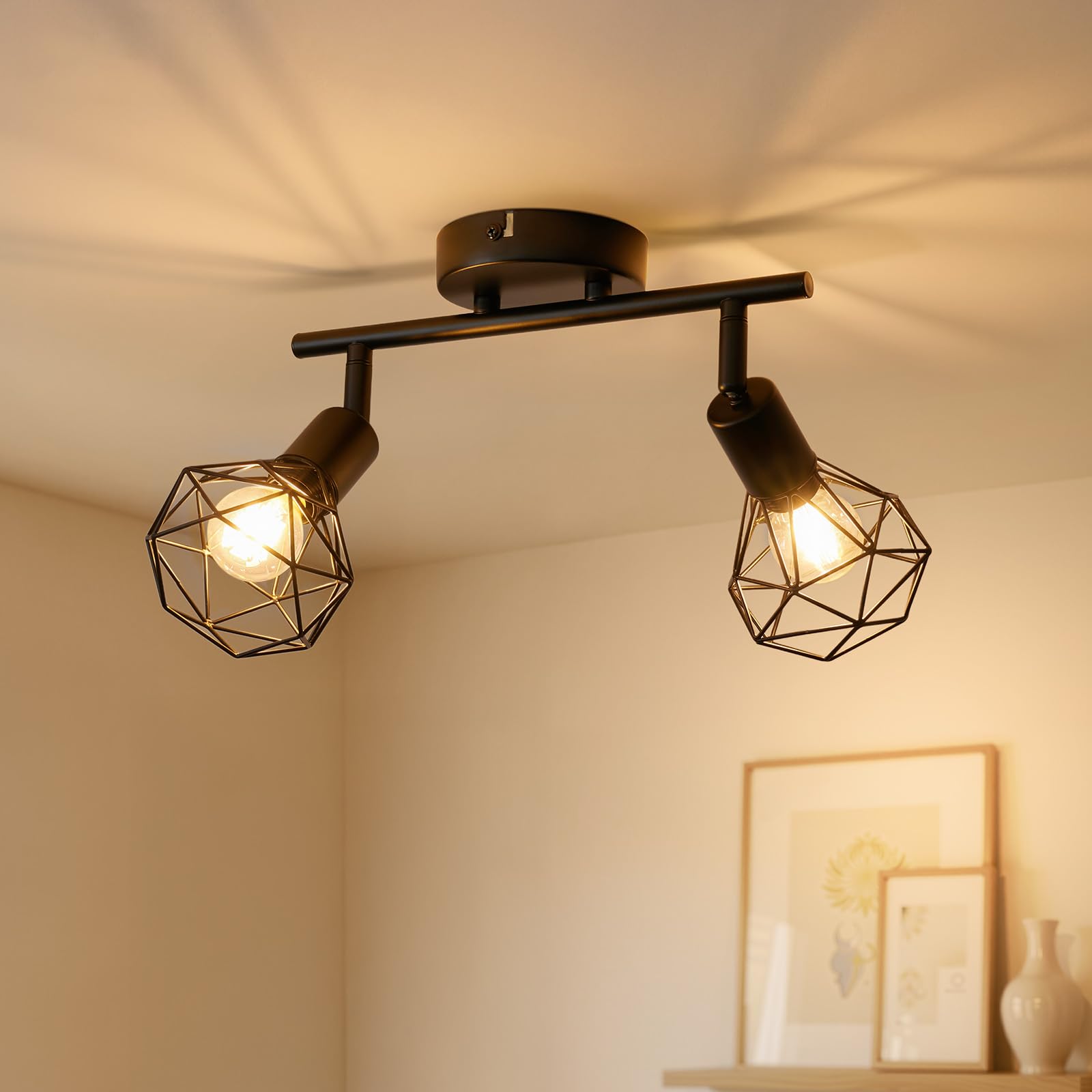 Gr4tec Kitchen Lights Ceiling 2 Way, Retro Black Spot Lights Ceiling E14, Adjustable Ceiling Light Fittings, Metal Wire Cage Wall Spotlights Indoor for Hallway Bedroom, Bulb Not Included