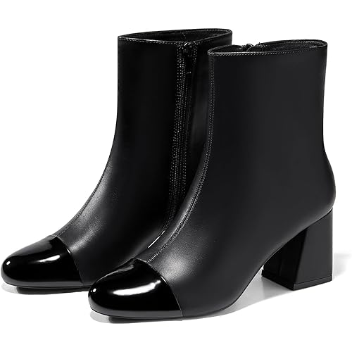 Coutgo Womens Ankle Boots Chunky Block Heel Two Tone Round Toe Side Zipper Dress Fall Booties Shoes