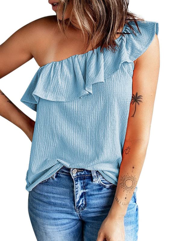 (Size 2XL) Dokotoo Womens One Shoulder Tops Ruffled Solid Tunic Shirts Sleeveless Loose Tank Top