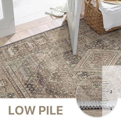 GENIMO 2x3 Hallway Runner Rug, Machine Washable Boho Vintage Runners Non Slip, Printed Thin Low Pile Lightweight Chenille Carpet Runner for Entryway, Kitchen, Bathroom, Bedroom, TAN