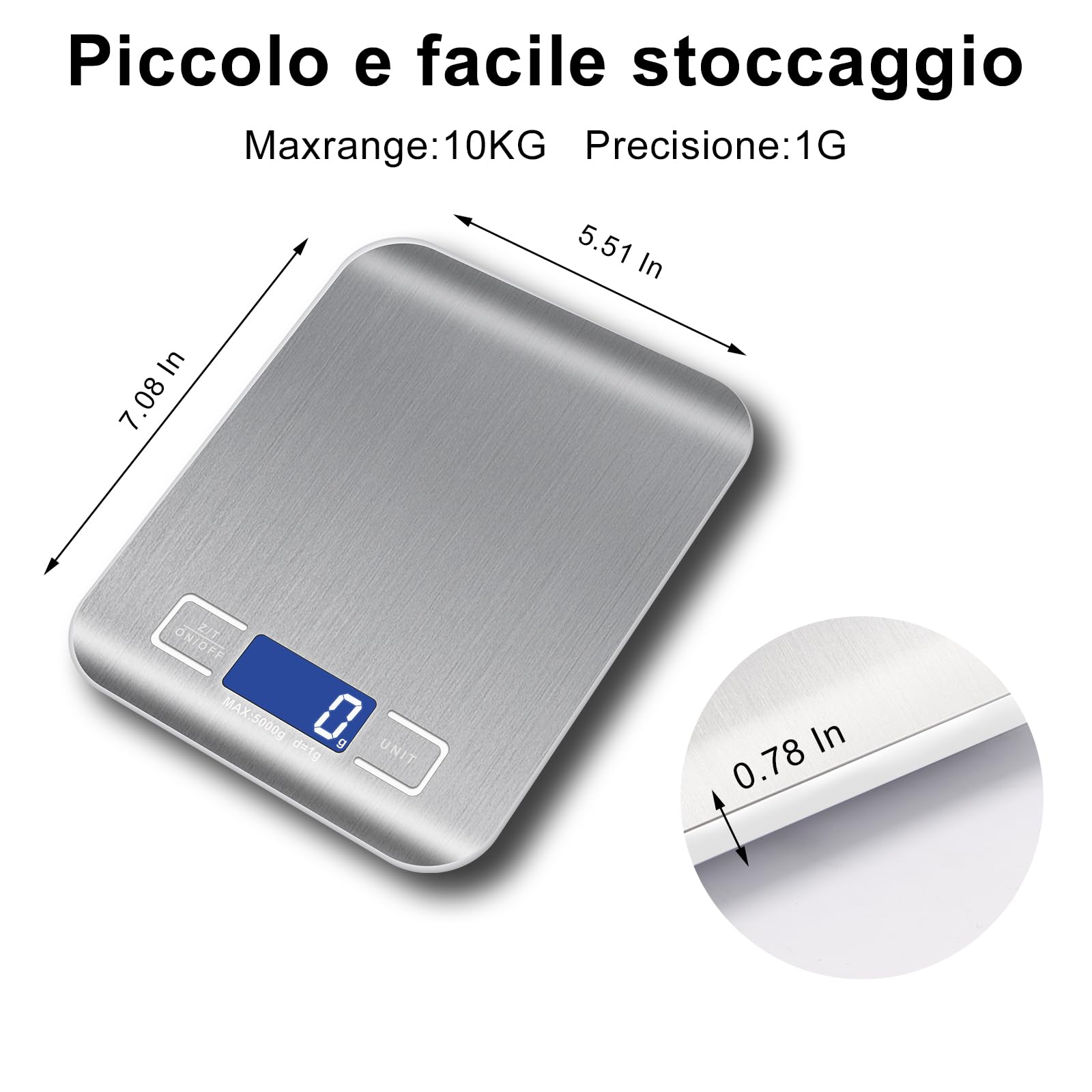 Bilancia da Cucina Digitale 10 kg/1 g - Ricaricabile USB, Display LCD, Funzione Tara - Professionale Multifunzione Con Cavo