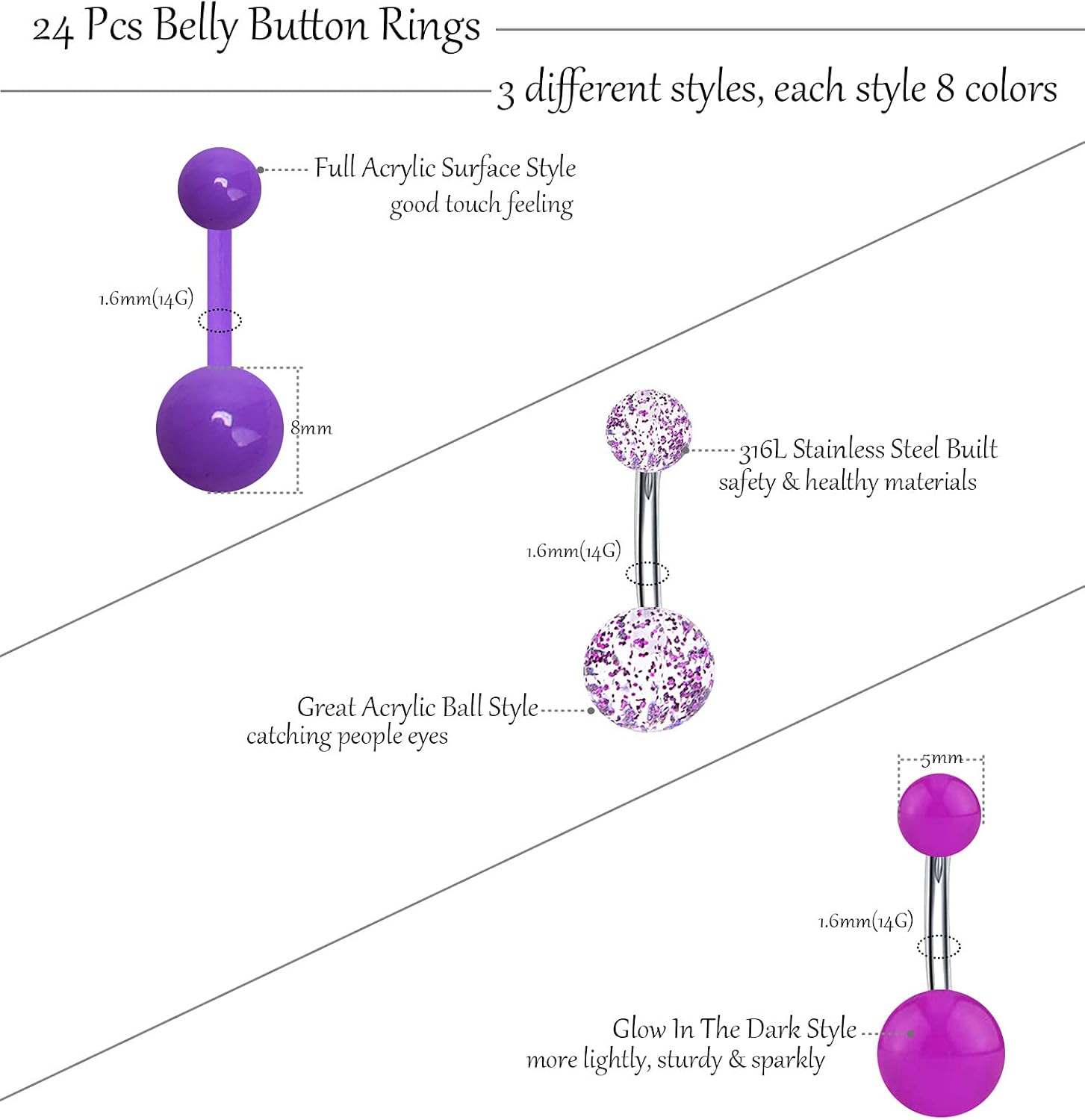 24-50Pcs 14G Stainless Steel Belly Button Rings for Women CZ Screw Navel Bars Body Piercing Jewelry - Image 3