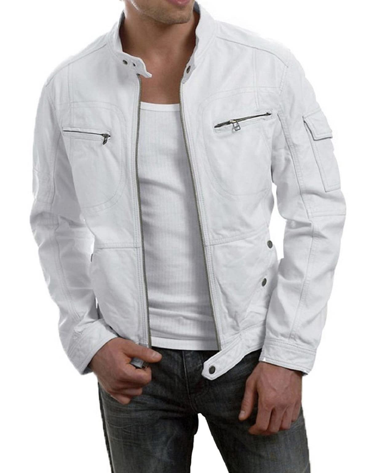 Chaquetas de piel de cordero para hombre, color blanco, estilo vintage, para motocicleta