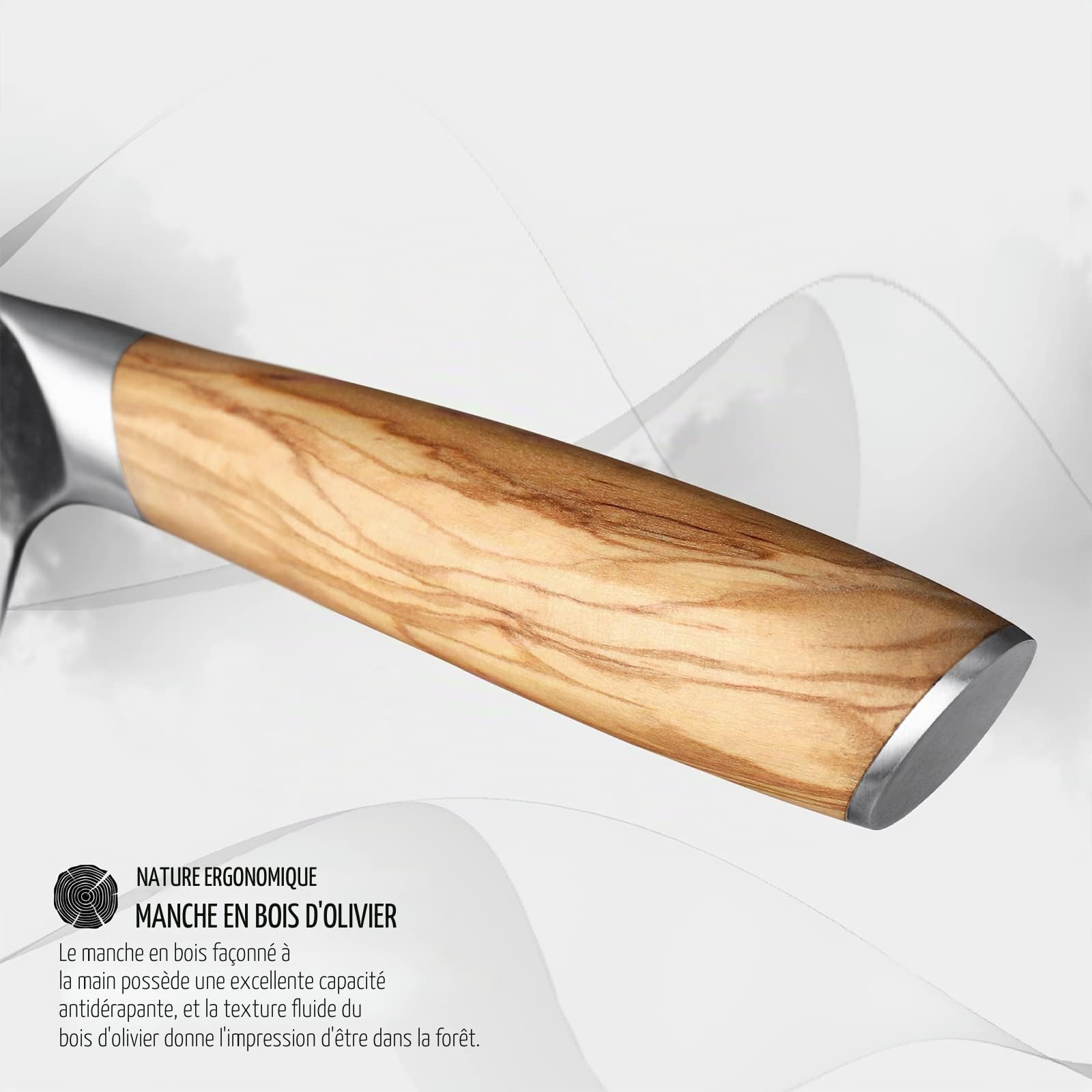 hecef Couteau de Cuisine Damas 20 cm avec Manche en Bois d'Olivier | Couteau japonais professionnel en acier Damas 67 couches, idéal comme couteau chef pour viande, légumes et cuisine maison