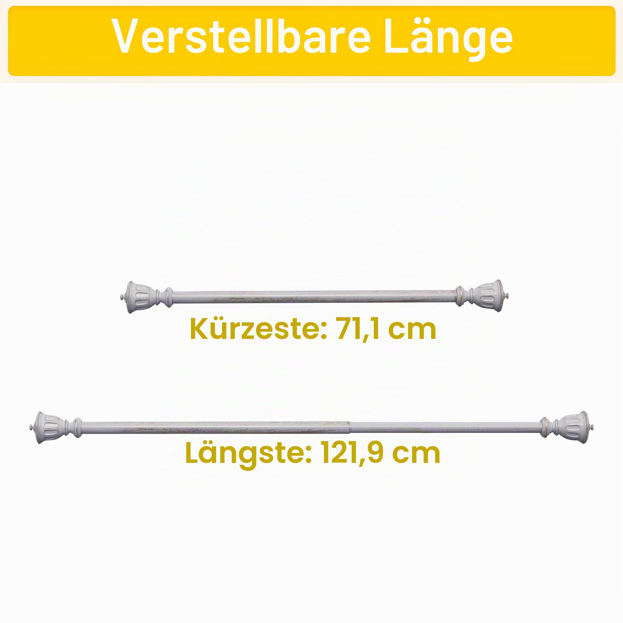 NICETOWN Dekorative Gardinenstange für Fenster, Standardgröße 3,8 cm Durchmesser, verstellbar, Länge 71,1–122,9 cm, mit Trophäen-Endstücken, Antikweiß