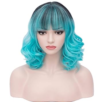 Y-Black Ombre Ice Blue: Beron 14 Short Curly Women GirlS Charming Synthetic Wig With Air Bangs Wig Cap Included (Black Ombre Ice Blue)