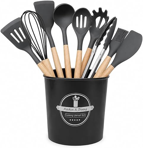 Grey 12-Piece Silicone Kitchen Utensil Set with Wooden Handles & Storage Holder, Heat-Resistant Non-Stick Cooking Tools