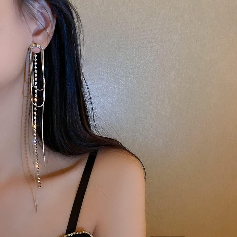 JUMWRIT 925 Sterling Silver Earrings for Women Long Chain Tassel Rhinestone Earrings Dangle Drop Minimalist Earrings for Women - Image 3