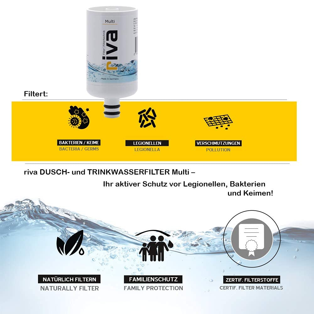 riva MULTI Ersatzkartusche, Trink- und Duschwasserfilter, Zertifizierter, sicherer Schutz gegen Legionellen, Bakterien, Keime in Küche, Dusche und Bad