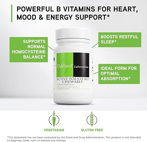 Miniatura 3 de DAVINCI Labs Active Folato B12 masticable - Suplemento dietético para apoyar la salud cardíaca, nervios saludables, función inmune y producción de