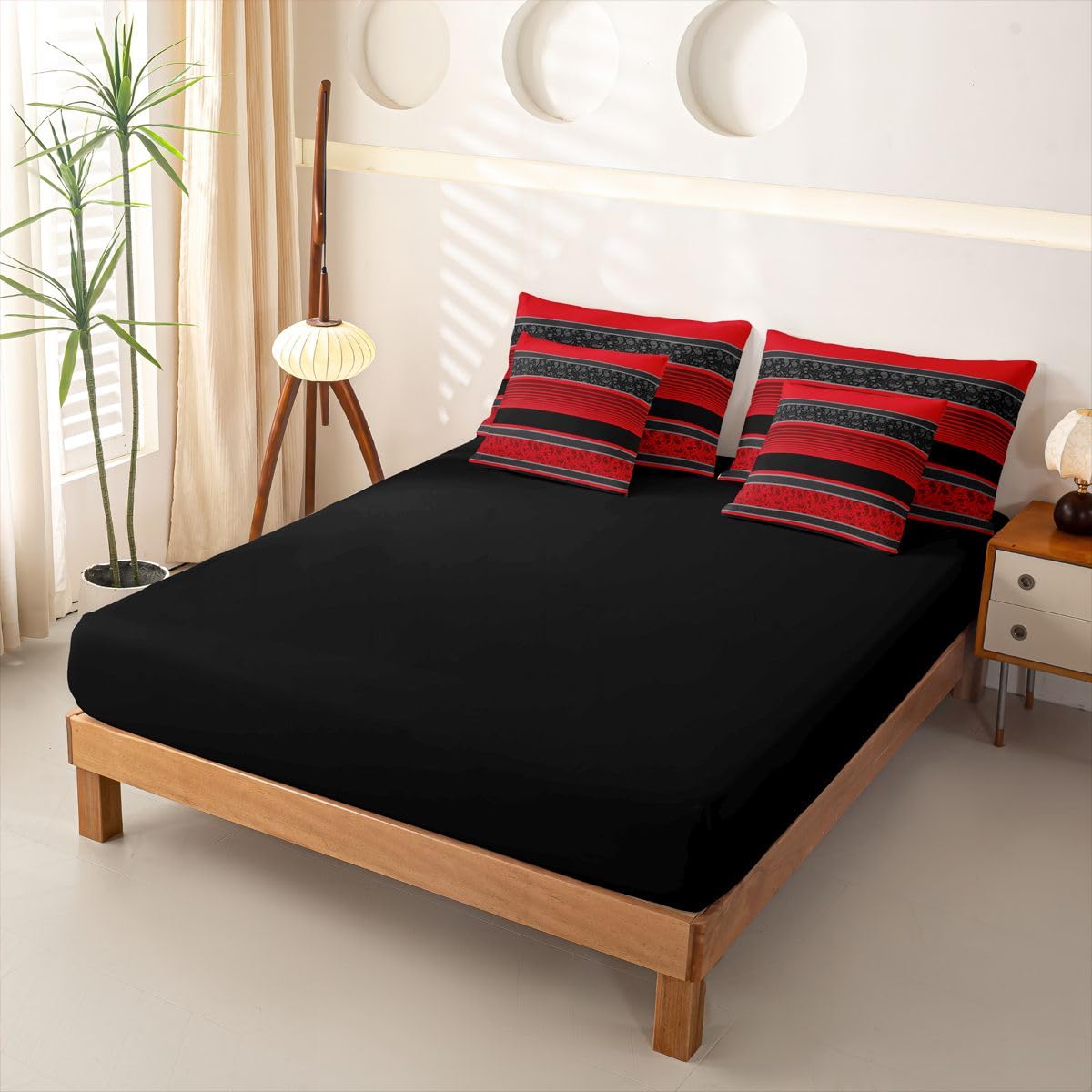 Homemissing Juego de funda de edredón de rayas rojas y negras tamaño King, juego de ropa de cama bohemio de 7 piezas, 1 funda de edredón, 1 sábana encimera, 1 sábana bajera, 2 fundas de cojín, 2