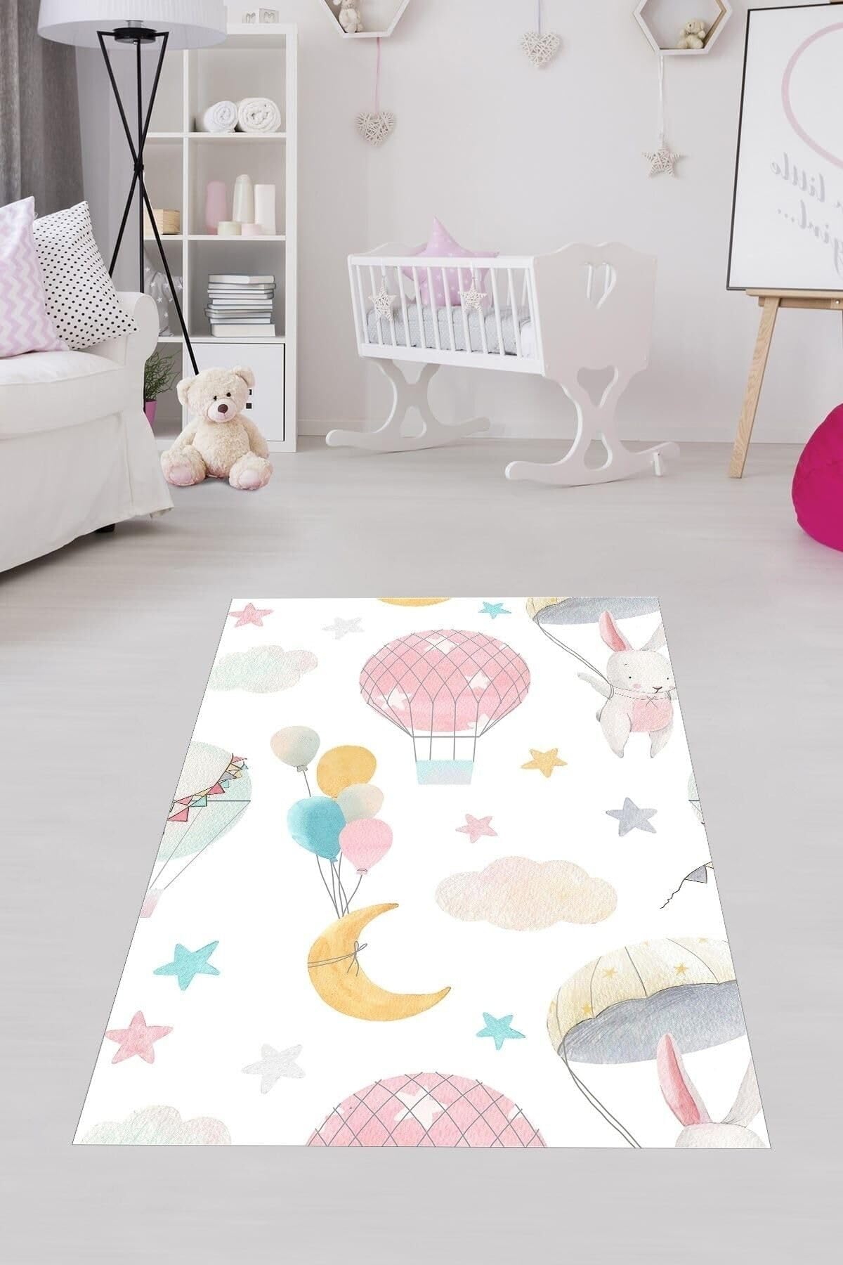 Pelangi Uçan Balon Bulut Desenli Halı Dijital Baskı Yıkanabilir Kaymaz Taban Leke Tutmaz Çocuk Odası Halısı, Beyaz 100 x 500