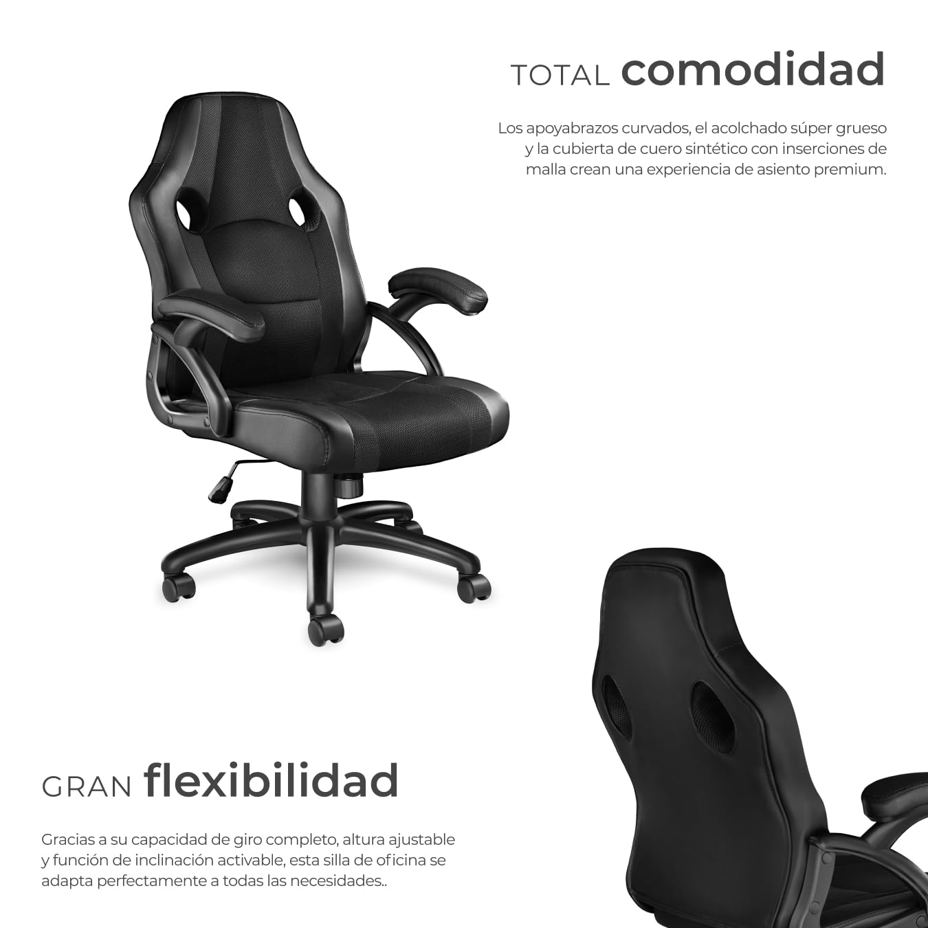 tectake® Silla Gaming, Silla Oficina Ergonómica, Reposabrazos, Ajustable Altura, Silla Estudio, Gaming Chair, Asiento Gamer, Sillón Gaming, Ergonómico, Mecanismo Basculante, Giro 360 - Negro/Negro