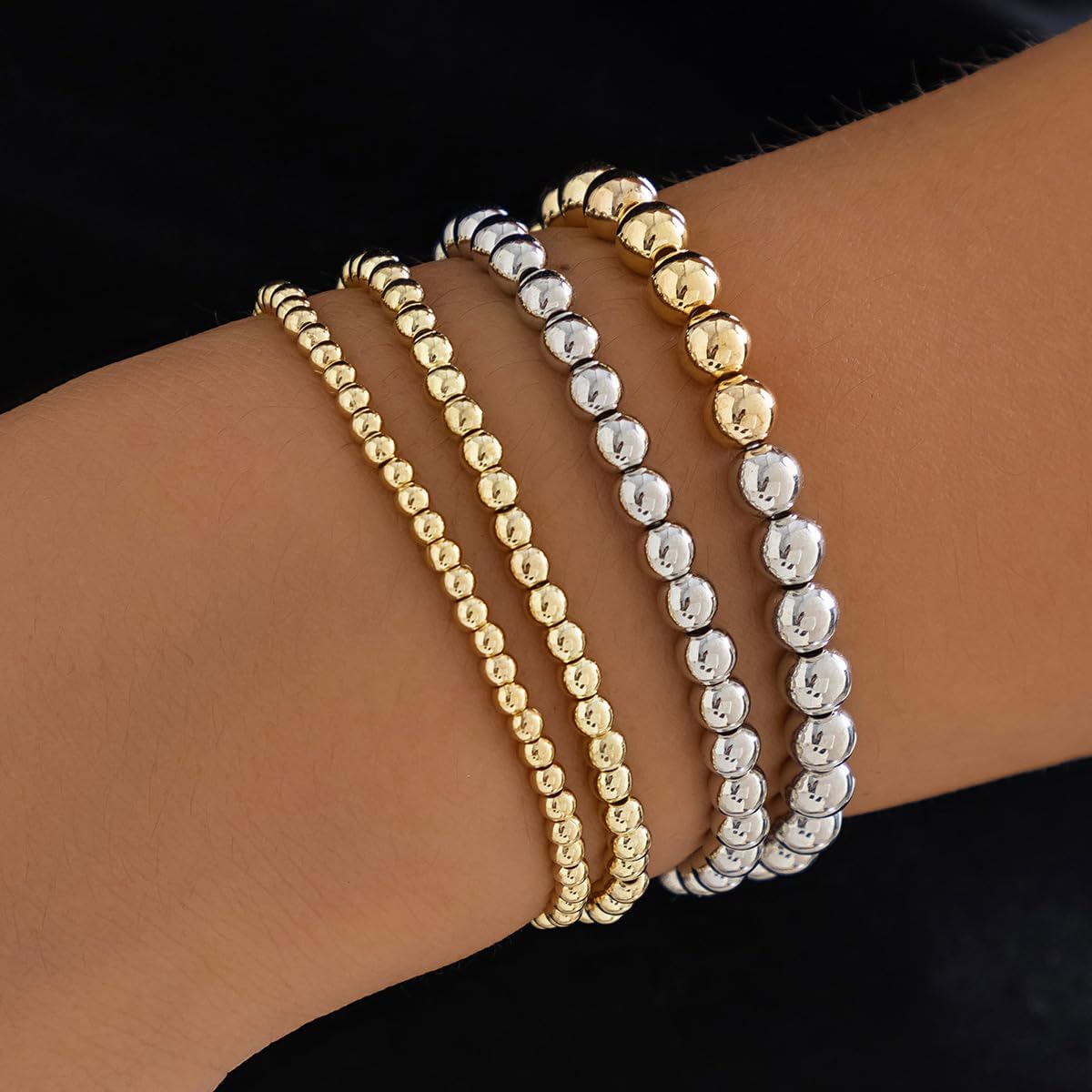 Jumwrit 4pcs Boho Golden Silver Beaded Bracelets Set for Women Dainty Stretch Elastic Stackable Round Ball Beads Layered Chain Bracelets Trendy Accessories - Image 3
