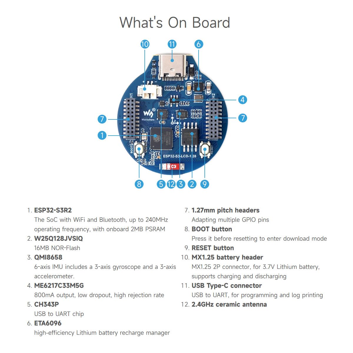 Waveshare ESP32-S3 Development Board, 32-Bit LX7 Dual-Core Processor, Integrates GC9A01 Display Driver Chip, With 1.28inch IPS Round LCD, 240×240 Resolution, Supports WiFi