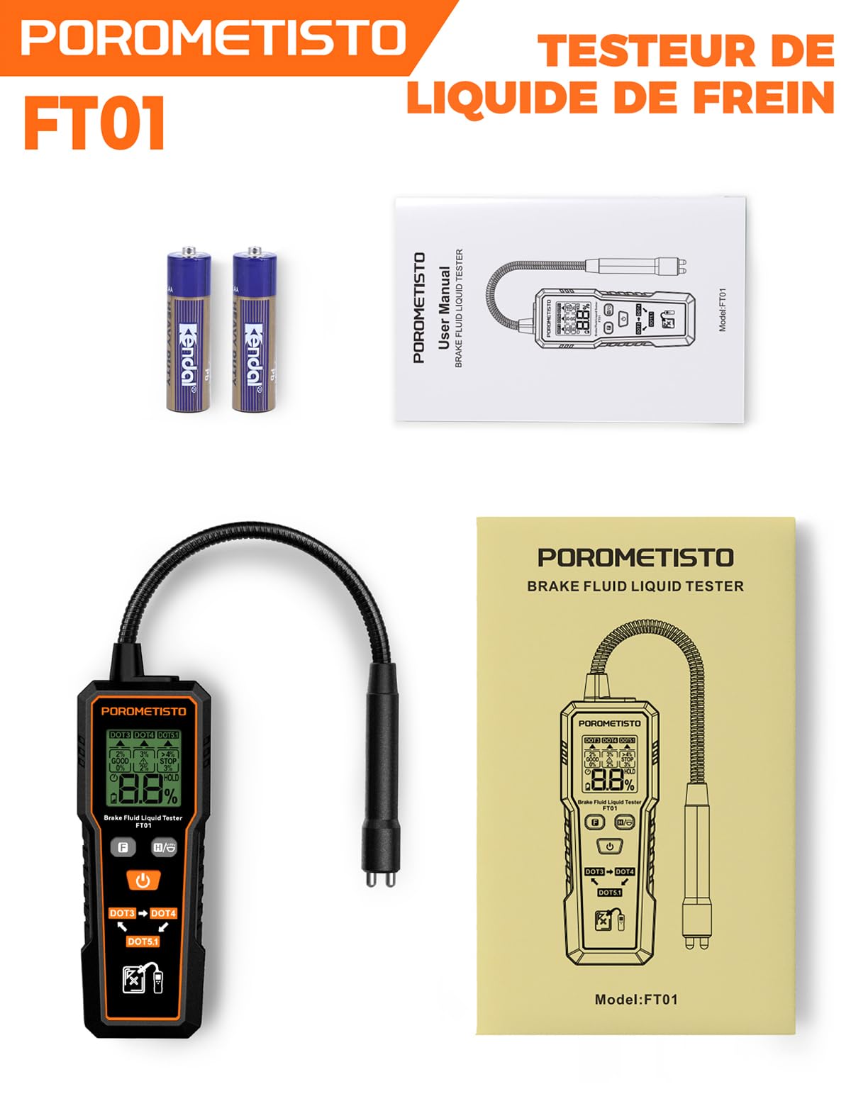 Testeur de liquide de frein professionnel FT01, sonde sensible résistante à la corrosion, adapté pour DOT3/DOT4/DOT5.1, Testeur liquide de frein pour la sécurité du véhicule