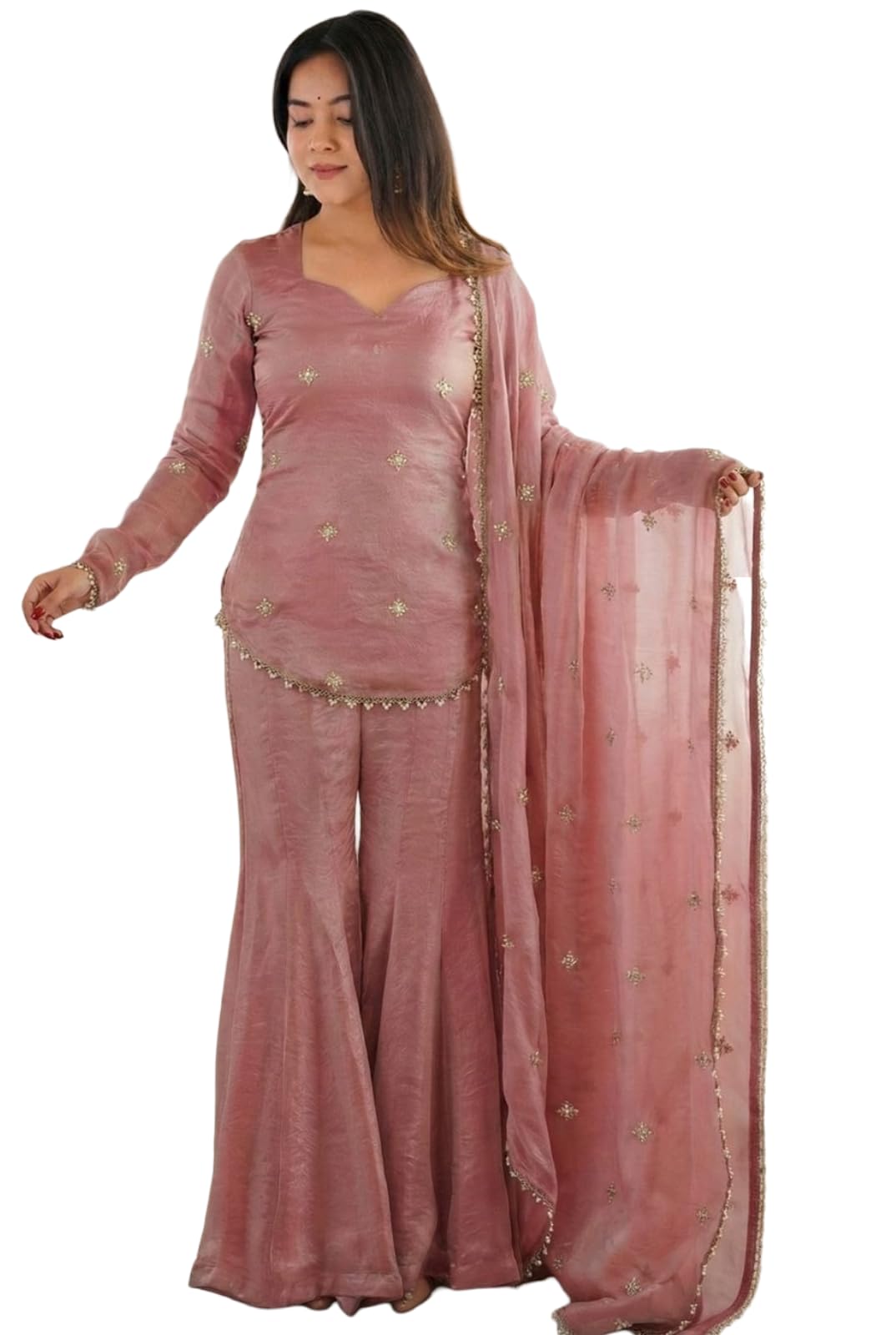 BE4ME.COM Premium Women Sharara Suit Set Short Kurti Dupatta Embroidered Festive Party Wear Style, Peach, XL