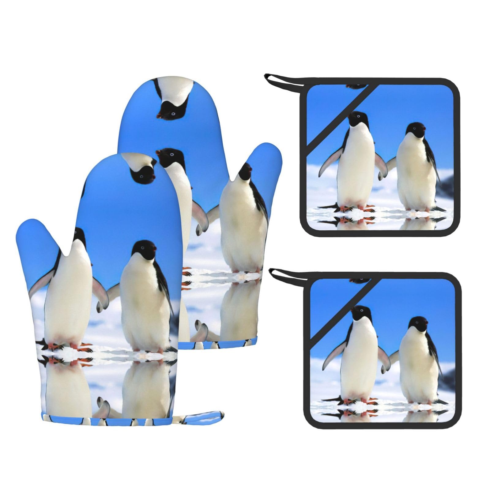 Penguin Trendy Printed Kitchen Set with Heat Resistant Gloves & Non-Slip Hot Pads for Baking & Grilling