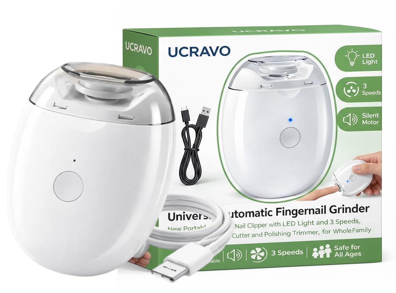 UCRAVO Portable Electric Nail Clipper Automatic Fingernail Grinder with LED Light,3 Adjustable Speeds,Silent Nail Cutter & Polishing Machine, USB Rechargeable Trimmer for Baby, Kids, Adults & Seniors-image-22