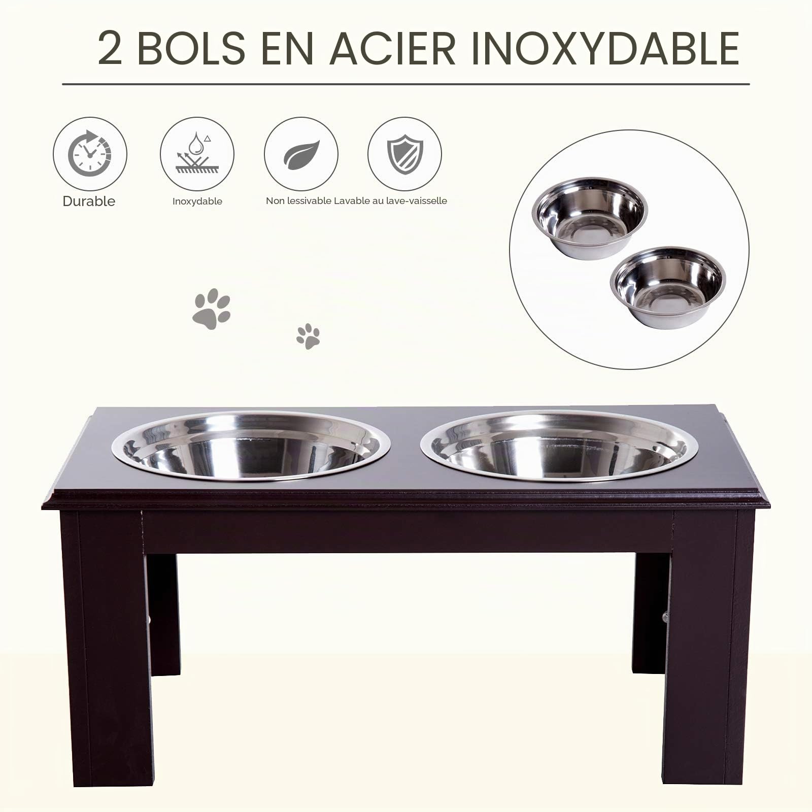 PawHut Gamelle surélevée Chien Moyen avec Support 58x31x25cm Marron