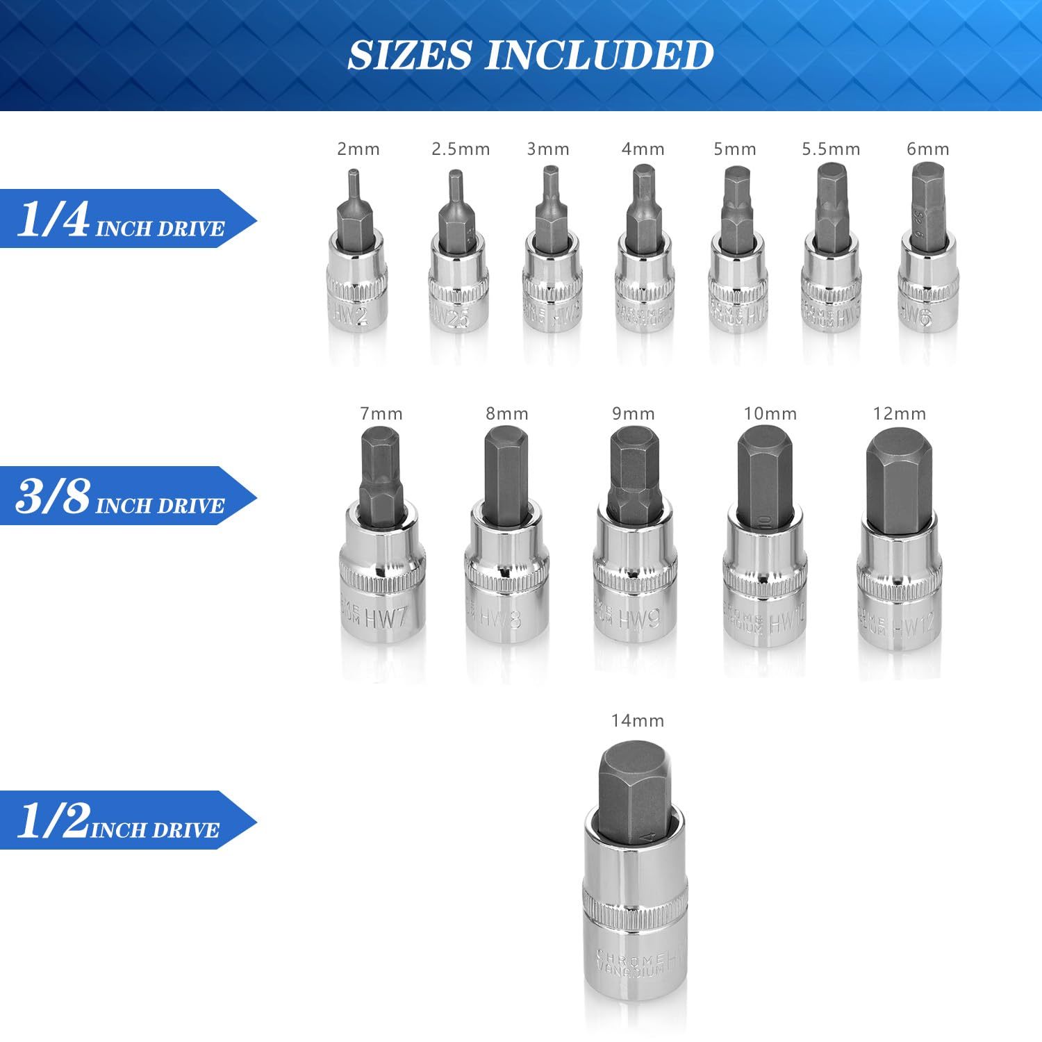 Juego de Llaves de Vaso Hexagonales,13pcs Llaves de Vaso en acero de aleación S2, Llave Allen Puntas Hexagonales, con Adaptadores de Vaso 1/2" 3/8" 1/4", para llave Dinamométrica y Talatro