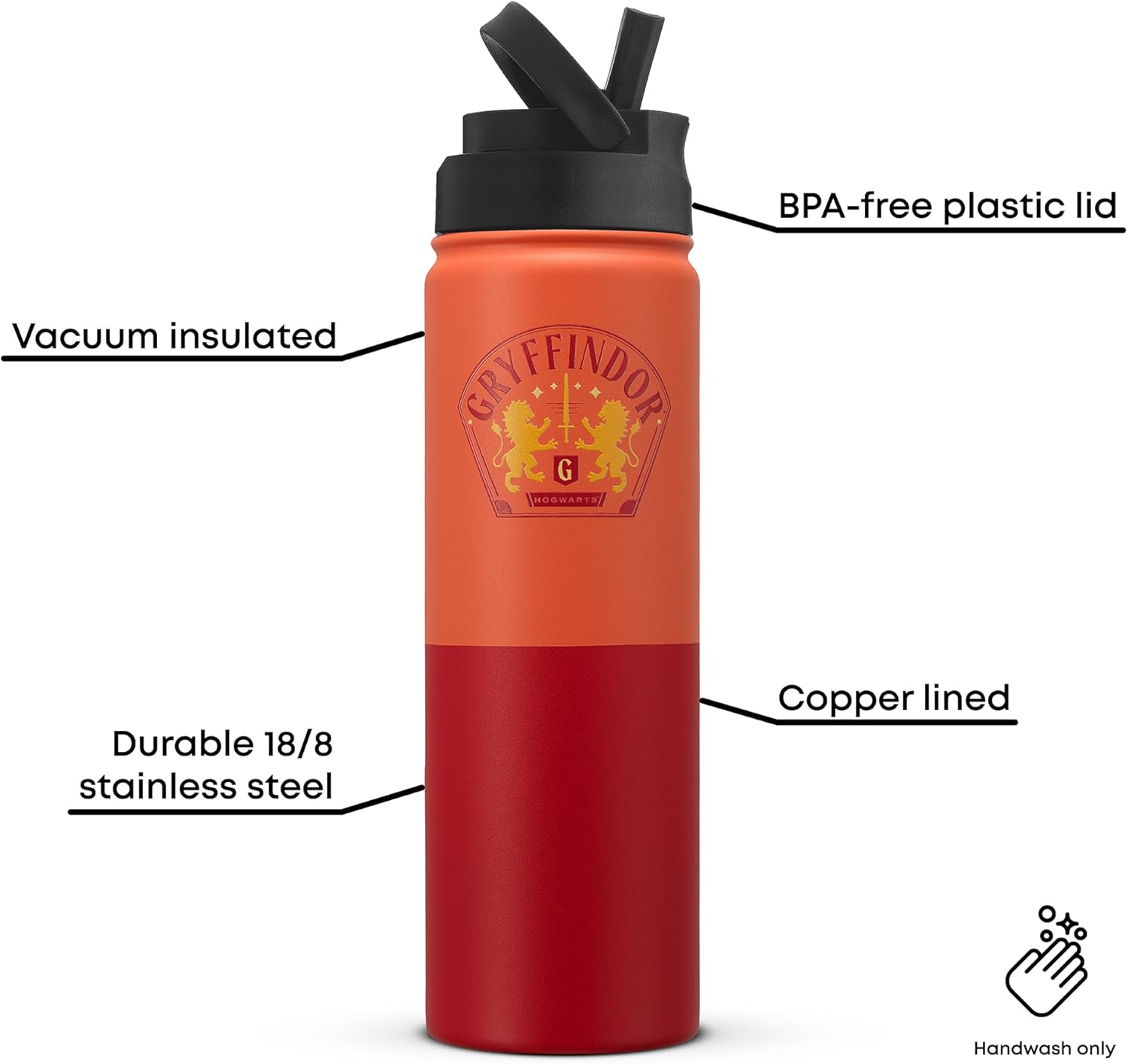 JoyJolt Harry Potter Gryffindor Stainless Steel Water Bottle with Flip Straw Lid, 22 oz Vacuum Insulated Water Bottle, Red Reusable BPA-Free Travel Tumbler, Harry Potter Gifts for Women Men Him Her