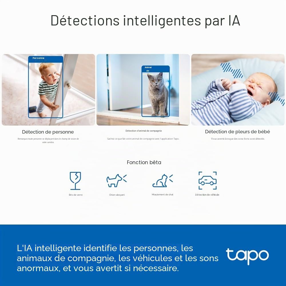 Tapo TP-Link C230, 3K 5MP, Support IA, Suivi de Mouvement, Vision Nocturne à 360°, Communication vocale bidirectionnelle, Stockage Cloud/Local, détection de Pleurs de bébé, caméra de sécurité Wi-FI