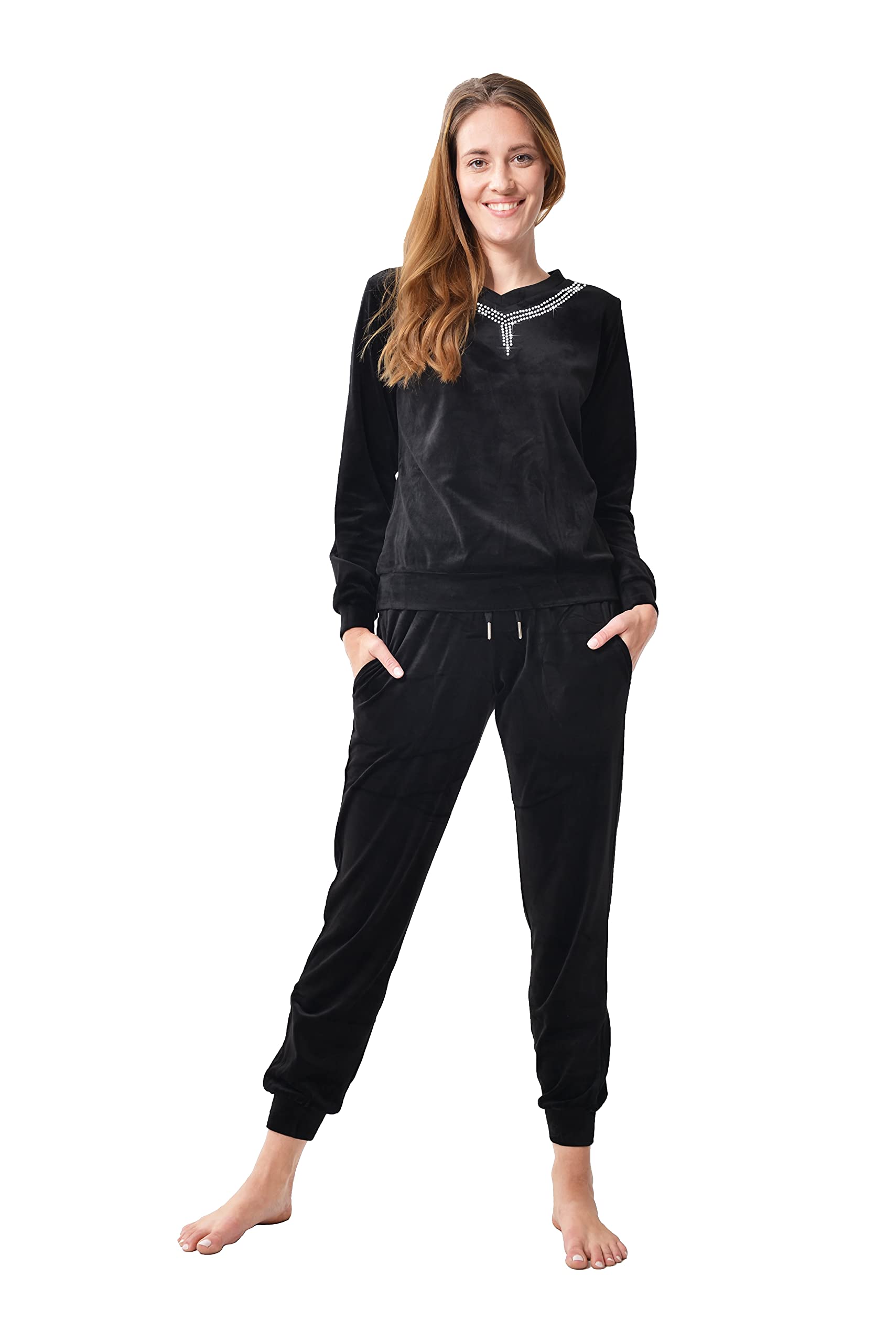 RAIKOU Femmes Sports Loisirs Cristal Velours Costume Cravate Strass À Manches Longues Cordon Poche Survêtement Jogging Costume Pyjamas Gym Chambre Jardin