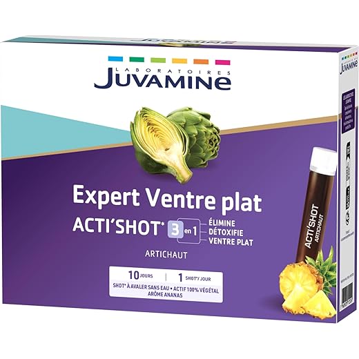 JUVAMINE - Expert ventre plat - Acti' Shot 3 en 1 - Artichaut Minceur - Elimine, détoxifie, ventre plat - 10 jours - Arôme ananas - Format pratique - Fabriqué en France