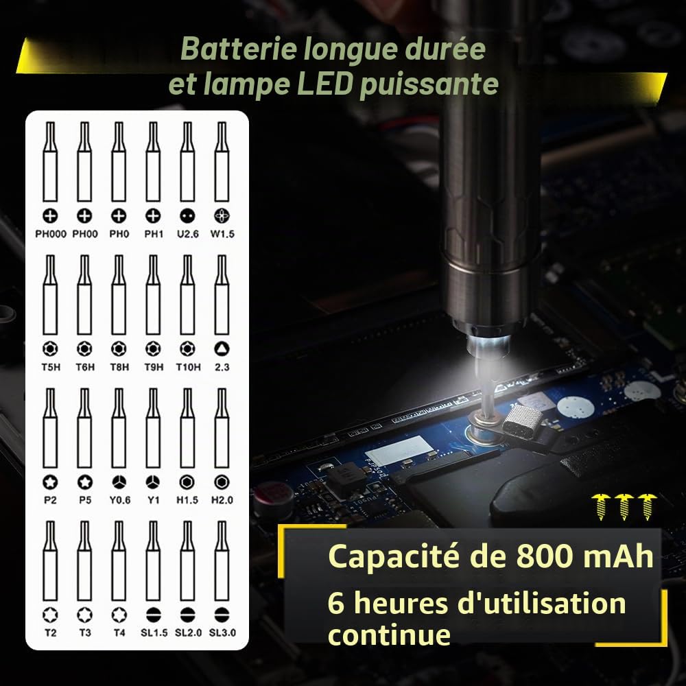 MINIWARE Jeu de Tournevis de Précision ES15, Mini Tournevis Électrique avec 24 Embouts Magnétiques, Couple à 5 Vitesses, Sans Fil, Réparation de Bricolage Rechargeables pour Petits Appareils